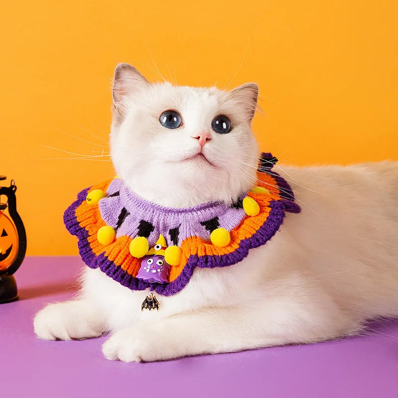 Cat Collar Halloween Costumes for Cats Puppies Knit Witch Hat Neck Piece for Halloween Party Decoration Funny Pumpkin Hat Set