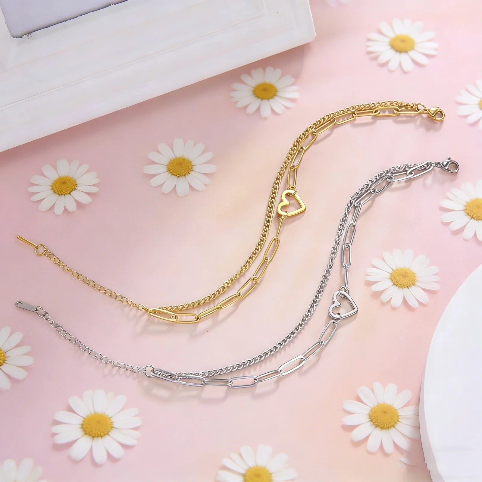Heart Charm Bracelet Women's Stainless Steel Double Layer Paper Clip Chain Bracelet Jewelry Valentine's Day Gift New