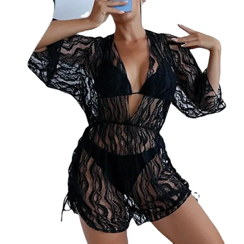 3 Pack Plain V-neck Bikini Set Hollow Out Tunic Loose Cover Up for Woman 2023 Lace Up Halter Triangle Bikini Swimsuit Beachwear