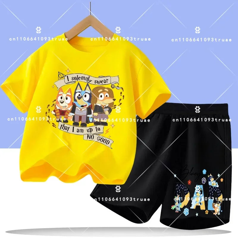 2026 summer T-shirt, 2-piece set Bluey children's 100% cotton short-sleeved set for boys - boys' sports shirt, girls' casual top