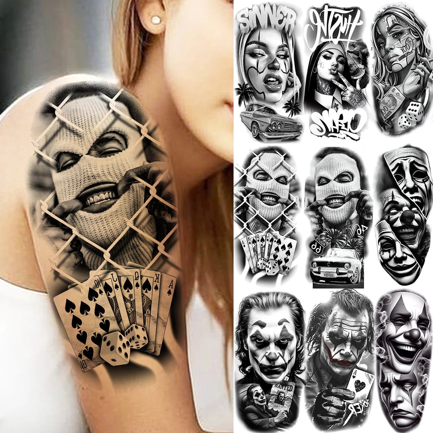 1 Sheet Bad Guy Robber Poker Temporary Tattoos For Men Women Gangster Joker Rebel Waterproof Realistic Fake Tattoo Arm Stickers