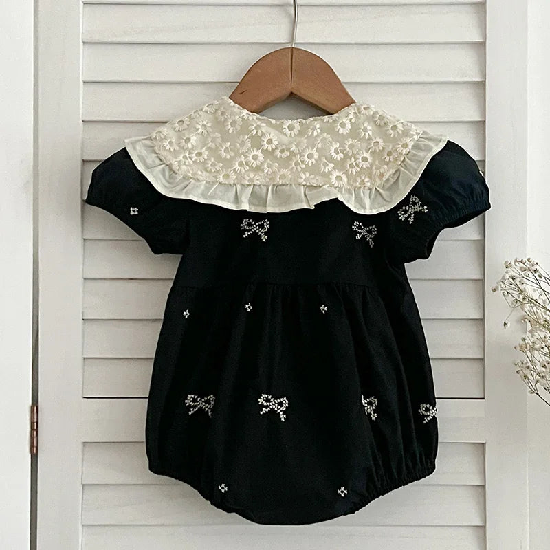2025 New Summer Newborn Baby Girl Romper 0-24M Baby Girl Clothing Lace Collar Cotton Embroidery Bow Toddler Baby Girls Jumpsuit