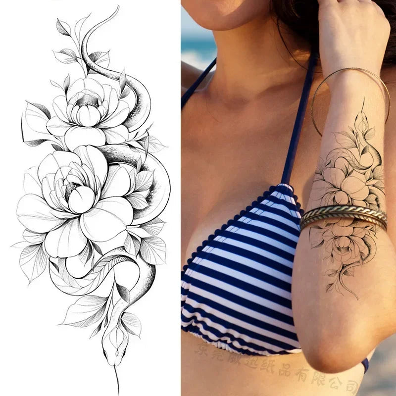 Women Sexy Temporary Tattoo Stickers Black Roses Pattern Full Flower Design Used for Arm Body Art Big Large Fake Tattoo Stickers