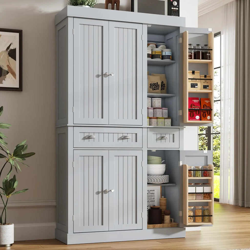 71in Kitchen Pantry Cabinet Doors & Adjustable Shelves, Freestanding Storage 2 Drawers for Dining Living Hallway, Customized