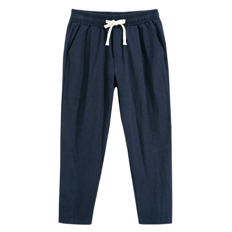 Mens Lightweight Cotton Pants Casual Solid Color Sweatpants Straight Drawstring Baggy Streetwear Breathable Ninth Pants