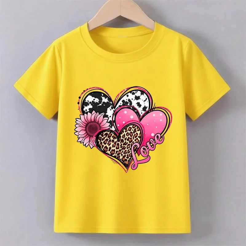 Love Heart Print T-shirts for Girls Summer Children Casual Fashion Funny Cute Colorful Comfortable Tops O-Neck Short Sleeve Tees