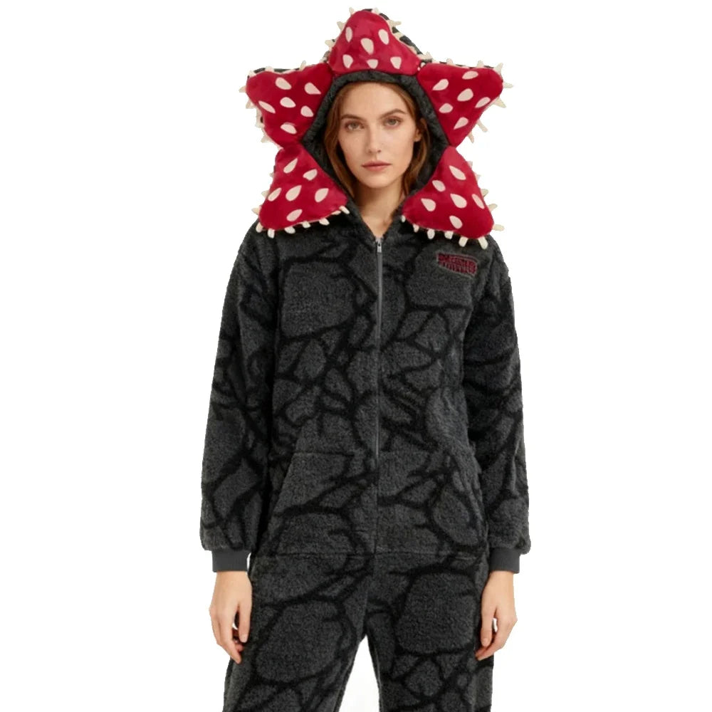 Adult Kids Demogorgon Cosplay Pajamas Onesie Fall Winter Thicken Cannibal Flower Costume Flannel Fabric Pajamas Halloween Suit