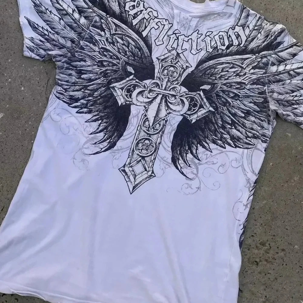 2000s affliction T-shirt Vintage Clothing Punk Hip Hop Graphic Print Oversized T shirt Men Round Neck Cotton Short Sleeve Tops
