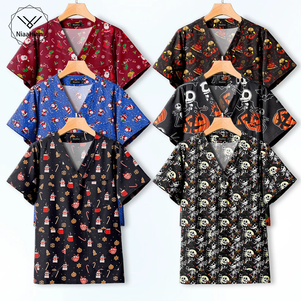 Short Sleeve V Neck Print Christmas Uniform Nursing Tops Male Scrub Nurse Working Uniforms T-Shirts Workwear Women Beauty Scrubs