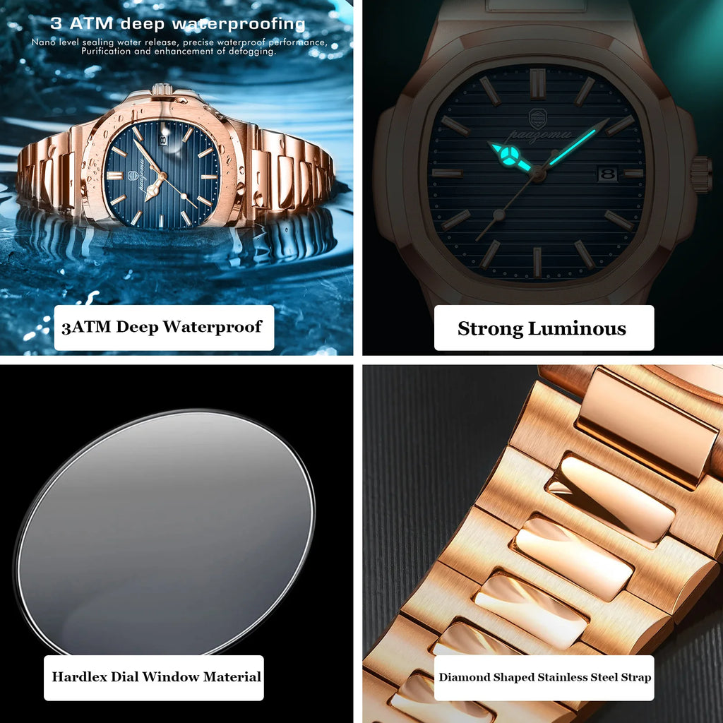 Business Men's Rose Gold Blue Striped Dial Watch Stainless Steel Strap Calendar Waterproof Quartz Sports Watch Birthday Gift