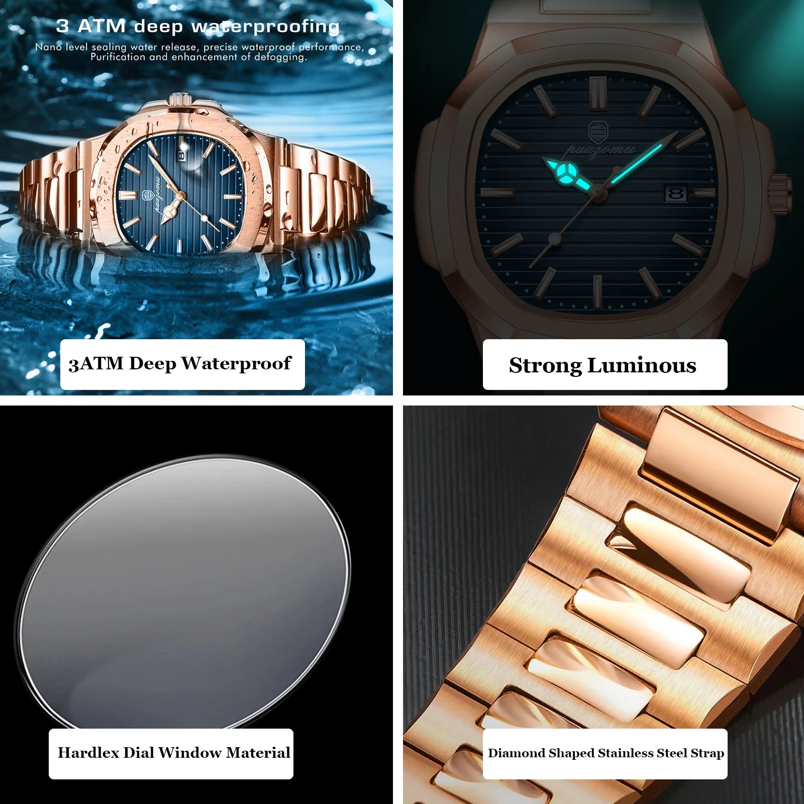 Business Men's Rose Gold Blue Striped Dial Watch Stainless Steel Strap Calendar Waterproof Quartz Sports Watch Birthday Gift