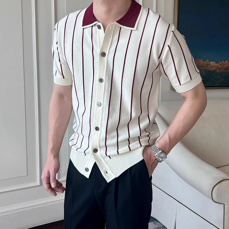 Casual Mens Knitting Shirts Vintage Contrast Color Striped Knit Cardigan Tops Men 2025 Summer Fashion Buttoned Lapel Slim Shirt
