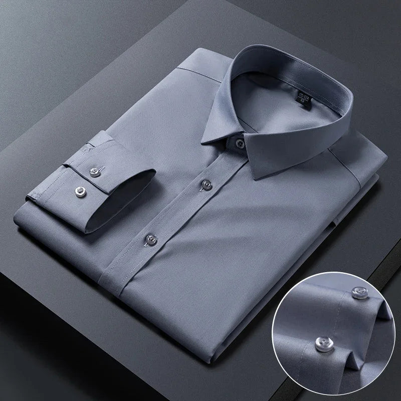 Spring Autumn Men Long Sleeve Shirts Business Casual Wrinkle Resistant Solid Color Formal Dress Slim Fit Work Social Shirt S-8XL