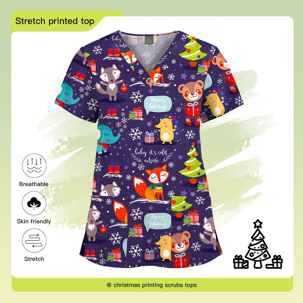 Christmas Print Scrubs Tops Women Short Sleeve V-neck Blouse Nurse Uniforms T-Shirt Medical Working Uniform Veterinary Workwear