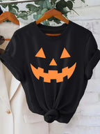 Women'S Halloween Pumpkin Face T-Shirt Black with Orange Lantern Harajuku Sleeve Casual Clothing Street Tops Aesthetic Clothes