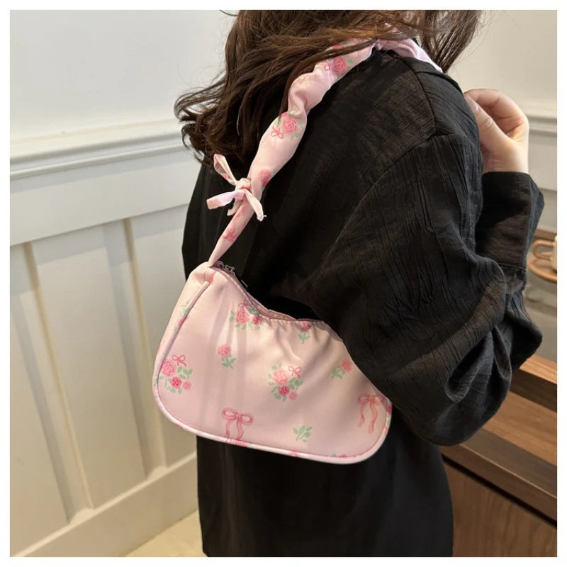 Women's Bags 2025 Summer Nylon Pleated Handbags Armpit Bag Korean Floral Bow Printed Zipper Tote Bag Female Small Shoulder Bags