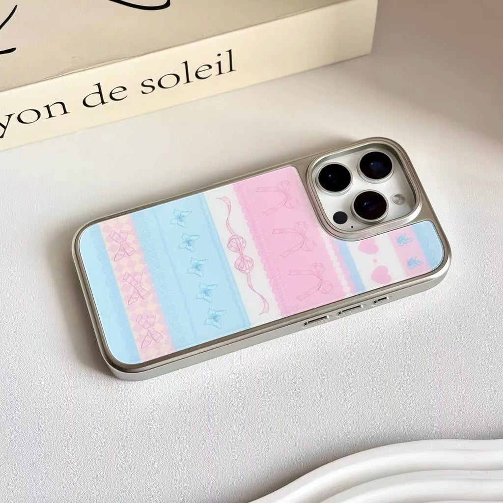INS KOREAN Pink Forest Morning Post Bow Silver Frame Phone Case for IPhone 16 PLUS 15 14 13 12 11 Pro Max Back Cover Capa