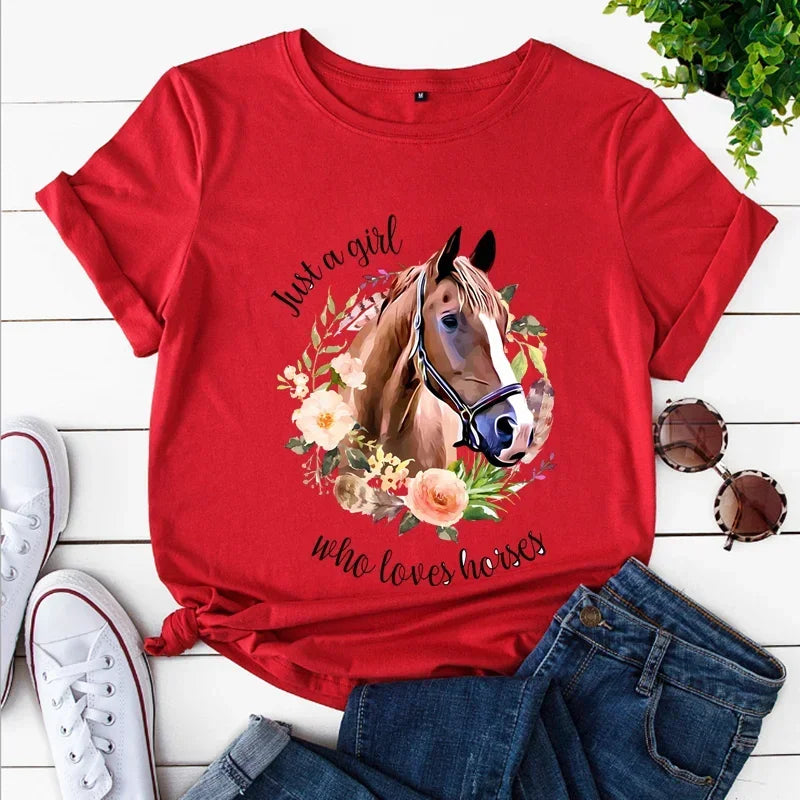 Just A Girl Love Horse Print Women T Shirt Short Sleeve O Neck Women Tshirt Flowar Horse Ladies Tee Shirt Tops Camisetas Mujer