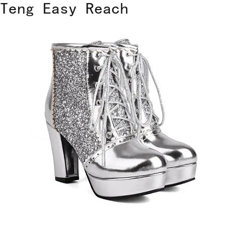 Autumn New Women Chunky High Heels Bling Party Ankle Chelsea Boots Gold Silver Red Black Big Size 34-48