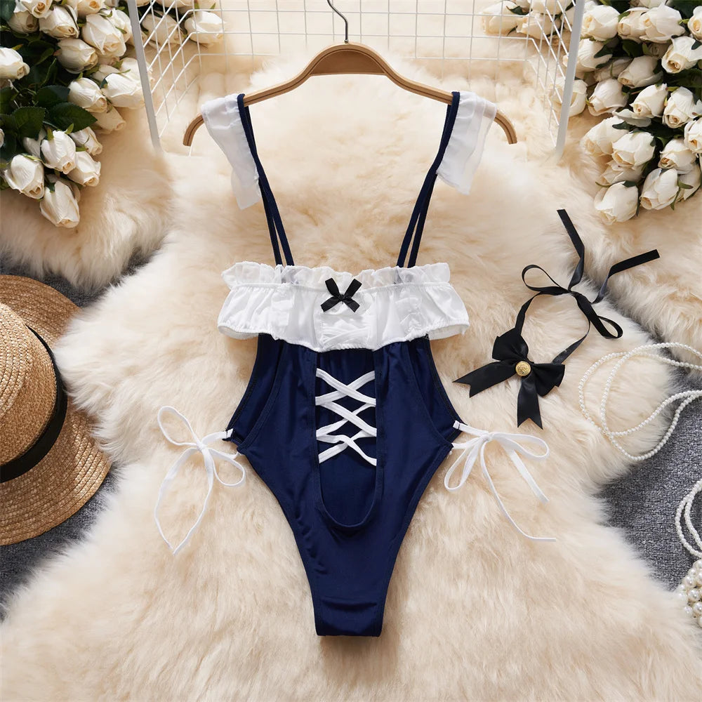 Valentine Party Sleepwear Combination Catsuits Slim Intimate Erotic Mesh Strappy Rompers Women Bodysuits Lingerie Sexy Sets