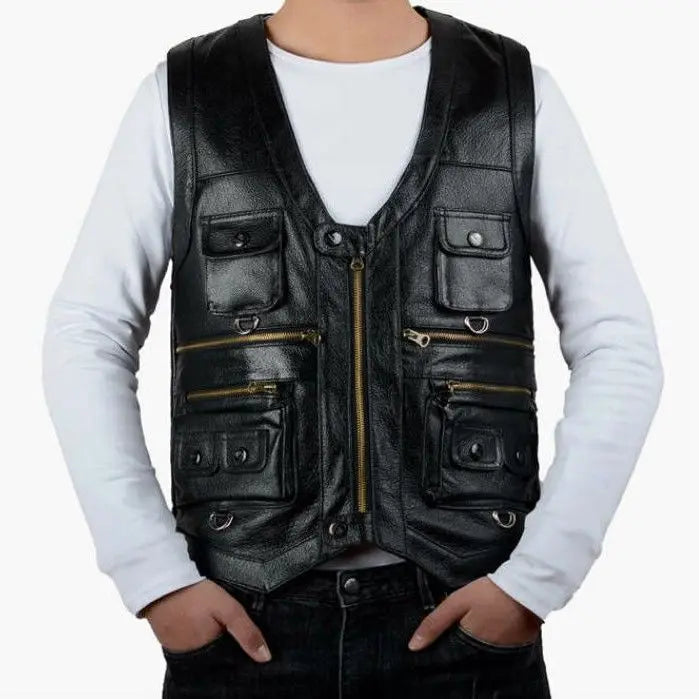 2025 Cowhide Genuine Leather Man Vest Waistcoat Male clothing Jacket Thick Motorcycle Multi Pocket leather biker Men safety vest