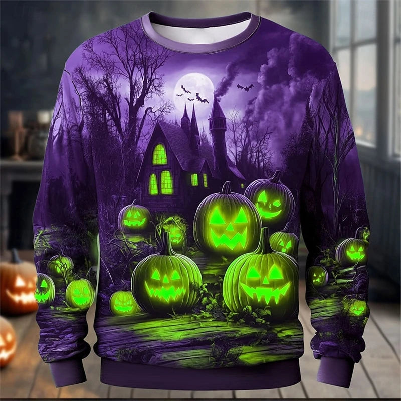 Fall Halloween Pumpkin Print Long Sleeve Tops Sweaters Hip Hop Trend Y2k Clothes Casual O-neck Loose Pullover Funny Sweater Man
