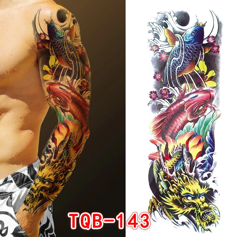 Large Arm Tattoo Sticker Full Sleeve Temporary Tattoos for Men Fish Wolf Tiger Tattoo Fake Tatoo for Women Waterproof Body Art