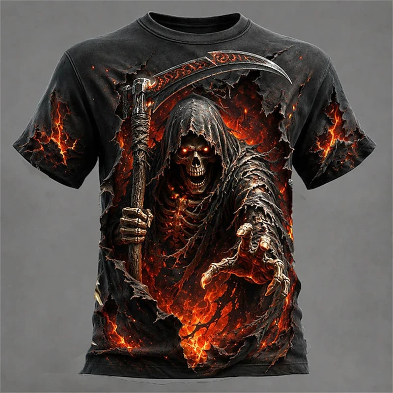 Men's Summer Skull-Printed Horror-Themed Crew-Neck T-Shirt Fashionable Trendy Street-Style Short-Sleeve Top for Halloween