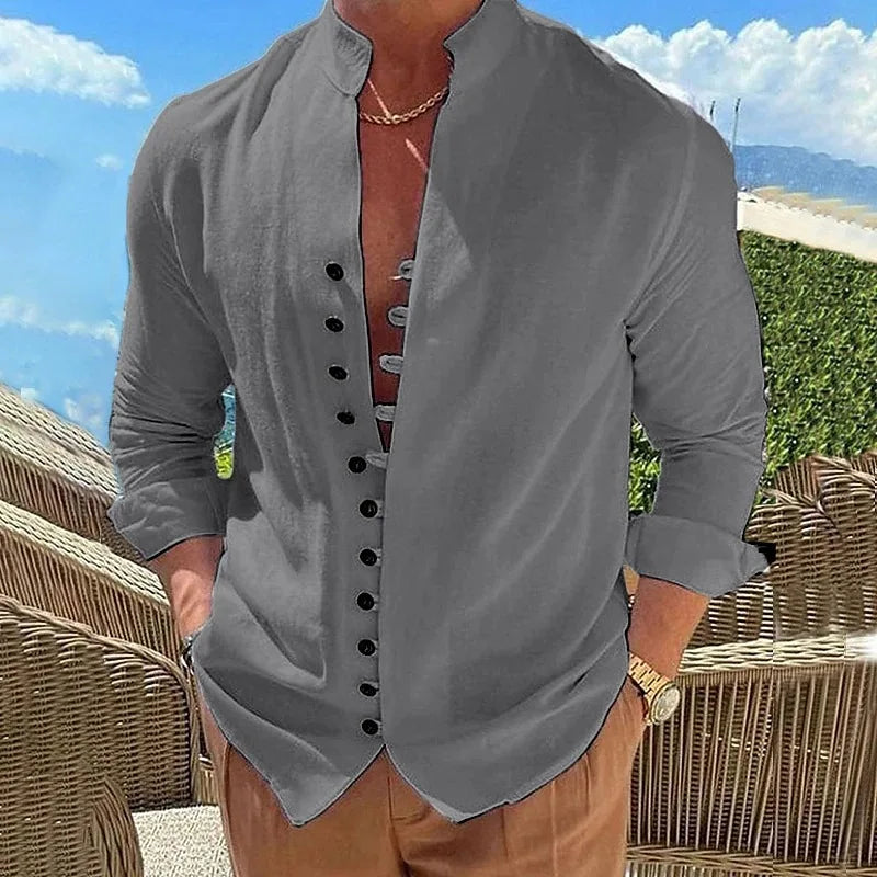 New Men's Vintage Casual Shirts 2025 Linen Long Sleeve Street Wear Lapel Button Solid Color Shirt For Men Vacation Blouse Top