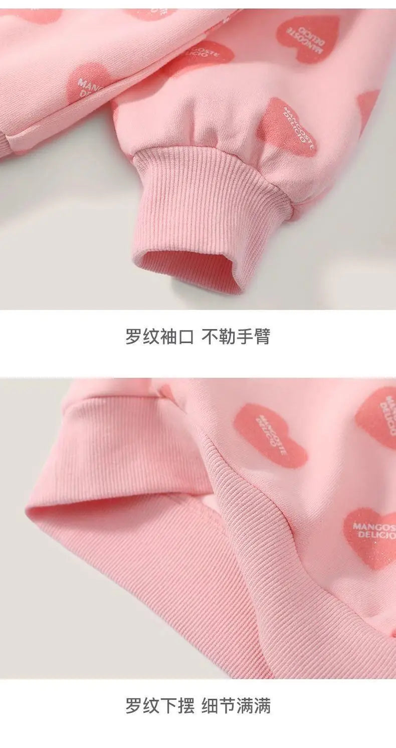 Girls' Sweet Heart-Print Sweatshirt Autumn Outfit, Cute Korean-Style New Autumn Long-Sleeve Top for Toddlers and Kids