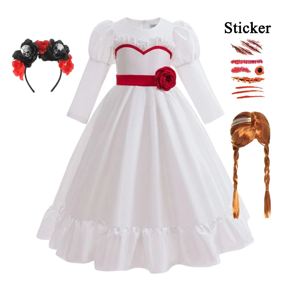 Horror Movie Girls Annabell Cosplay Halloween Costume Kids Horror Scary Doll Ghost Fancy White Dress Outfits
