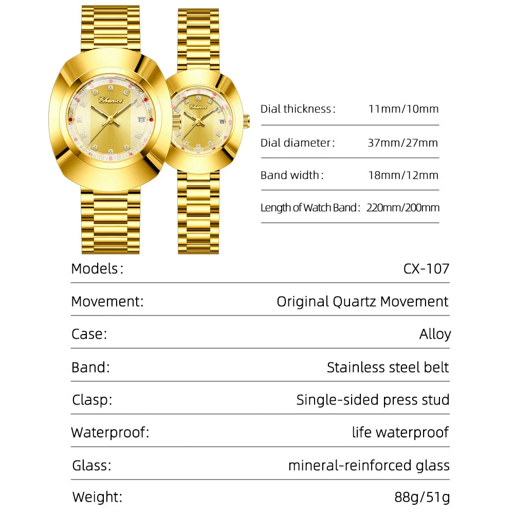 CHENXI Luxury Couple Watch Stainless Steel Band Luminous Business Men Women Quartz Wristwatches Great Valentine Gift for Lover