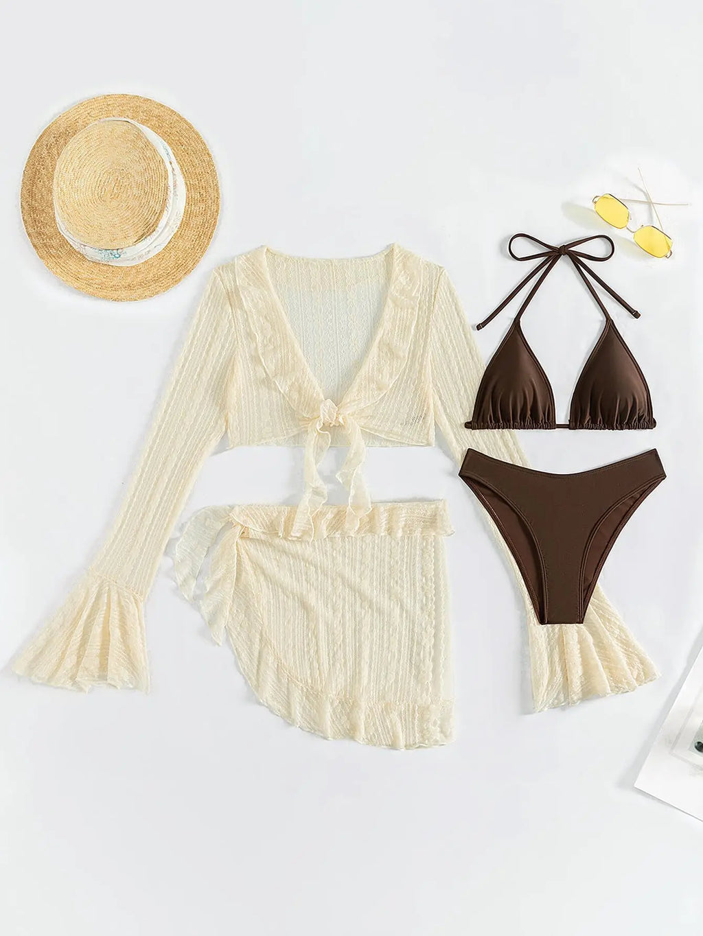 Women's 4 Piece Bikini Halter Neck Triangle Set High Cut Bikini Lettuce Trim Swimsuit Bathing Suit Cover Up Set
