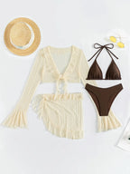 Women's 4 Piece Bikini Halter Neck Triangle Set High Cut Bikini Lettuce Trim Swimsuit Bathing Suit Cover Up Set