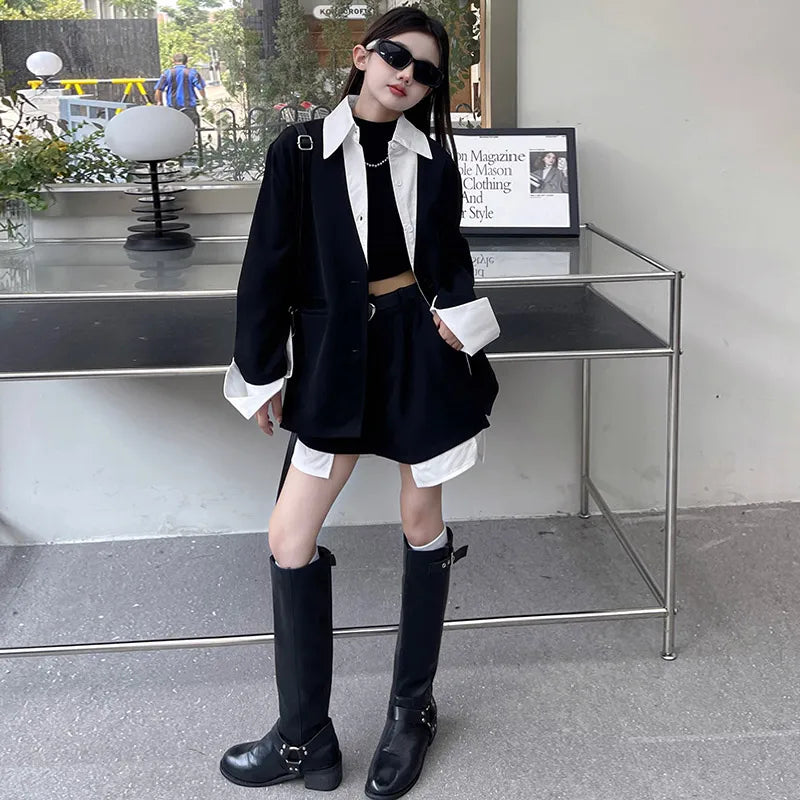 Girls' Preppy Style Suit Set Short Skirt And Jacket Outfit Two-Piece Ensemble for Kids Ages 5-14 Trendy And Stylish Performan...