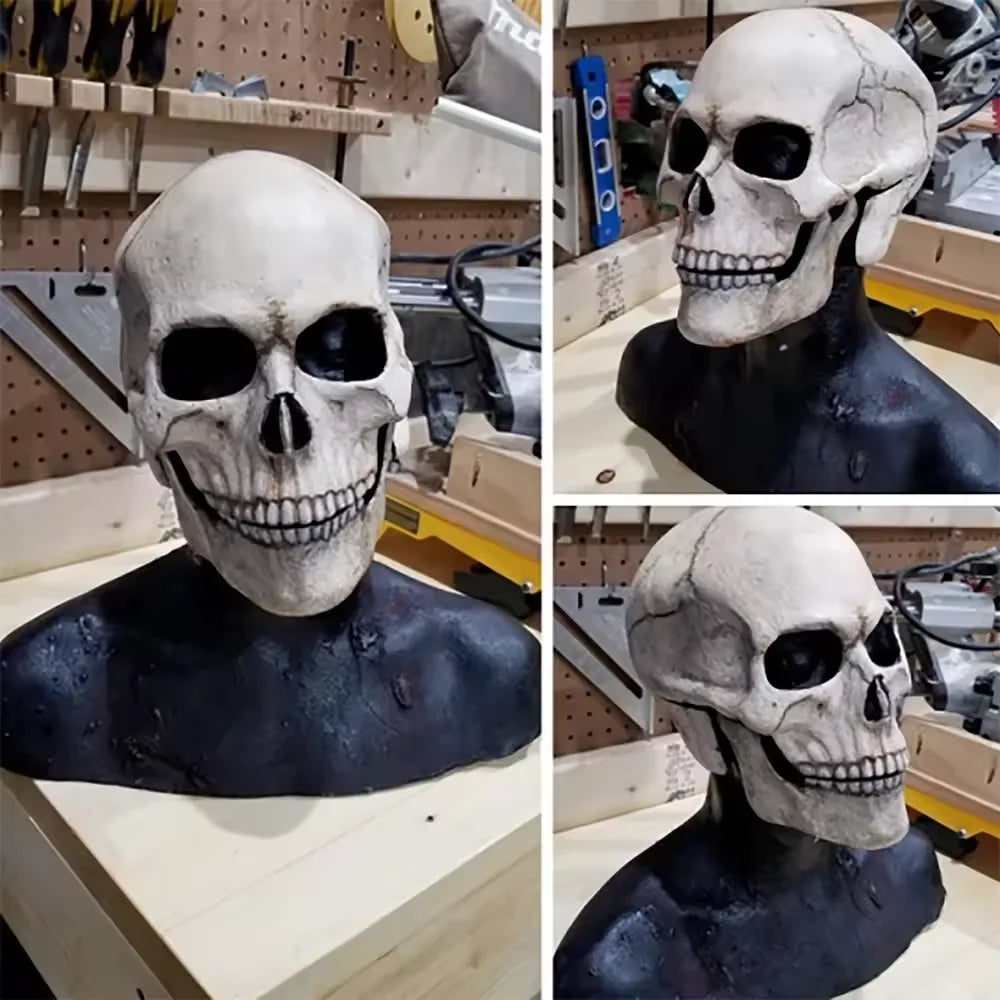 Full Head Latex Skull Mask Realistic Horror Halloween Cosplay Mask for Adults Scary Party Costume Skeleton Headgear Prop