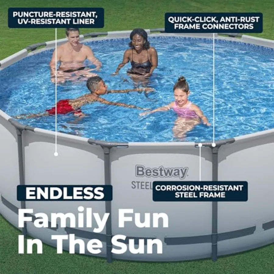 Outdoor swimming pool set for backyard use, steel frame with gray finish, includes filter pump, ladder, and cover