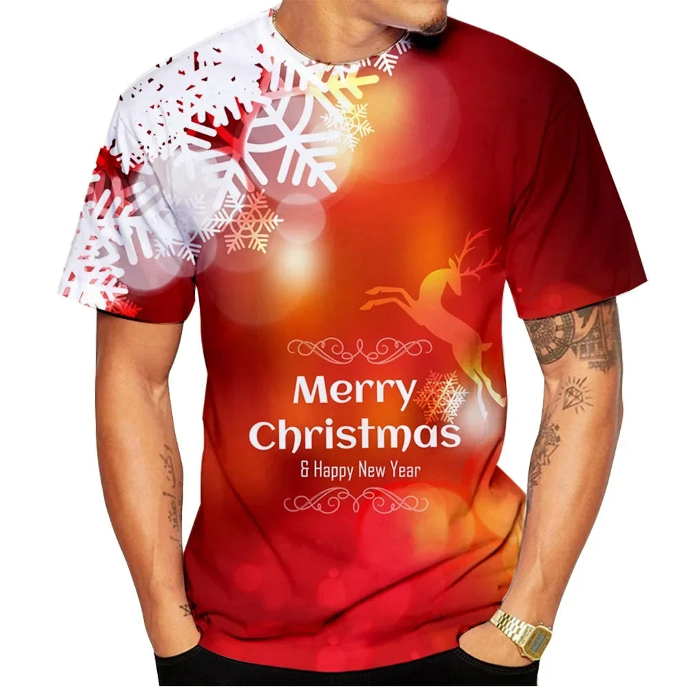 2026 Fashion Men's Merry Christmas T-Shirt Blue Xmas Tree Snowflake Graphic Crew Neck Short Sleeve Holiday Party Casual Tee Tops