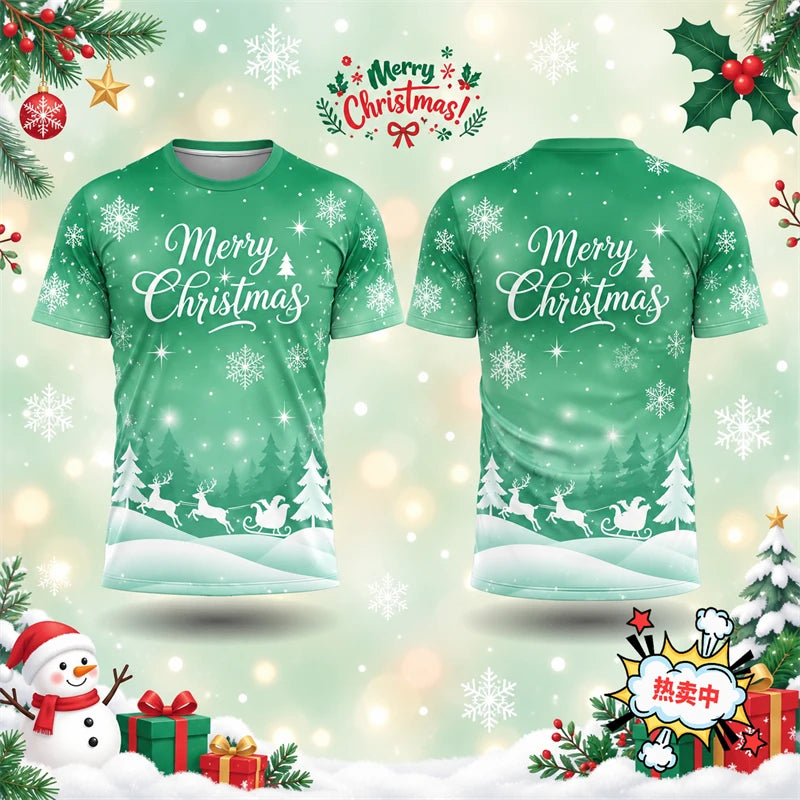 2026 New Merry Christmas T Shirt For Men Women 3D Print Snowflake Reindeer Sleigh Graphic Short Sleeve Xmas Tee Holiday Family