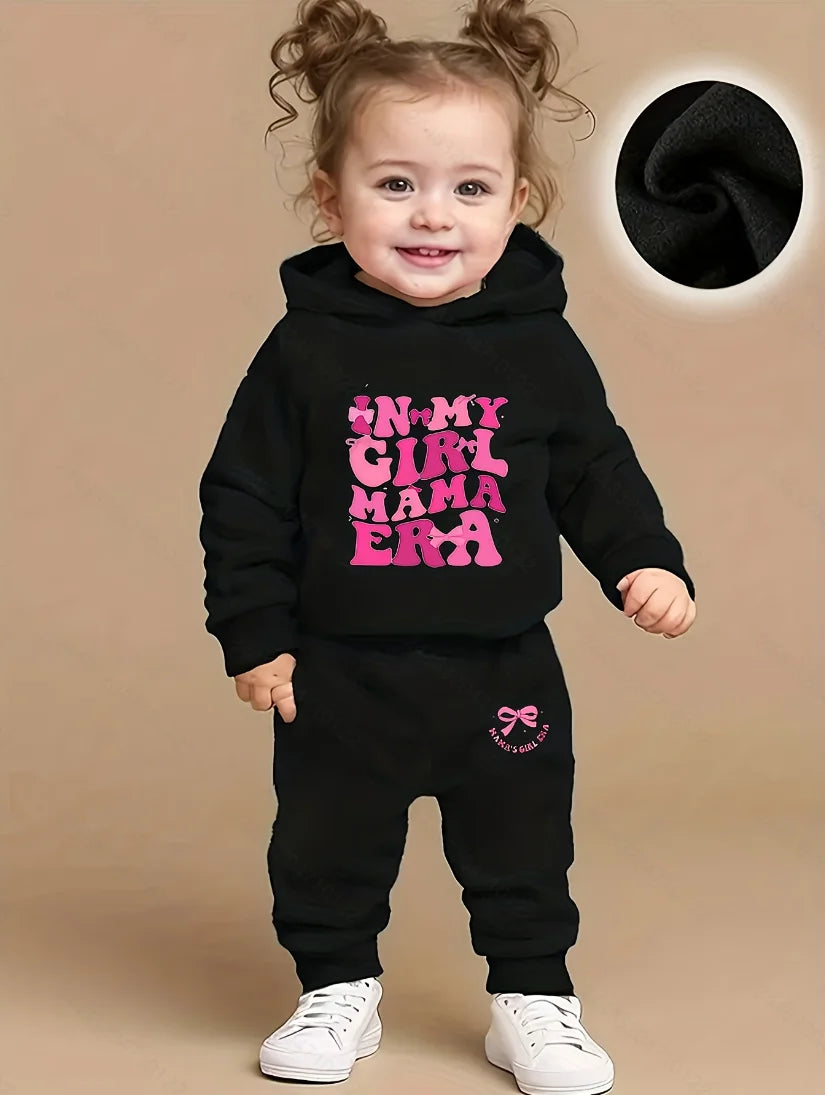 Baby Girl Autumn Winter Hooded Letter Print Fleece Sweatshirt with Casual Sports Long Pants Outdoor Suitable Newborn Outfit