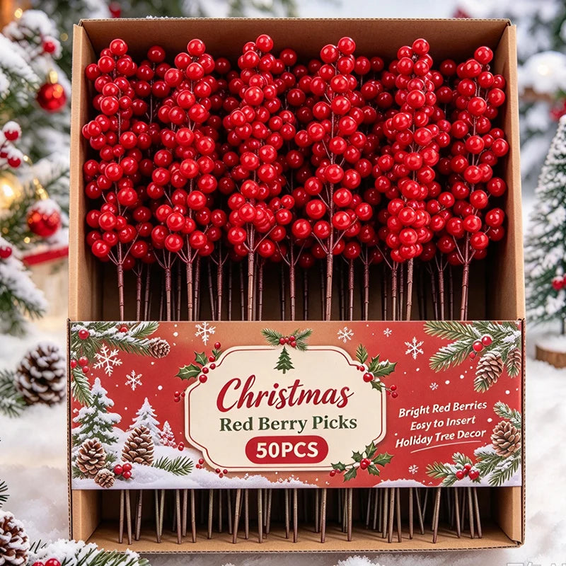 1/50PCS Christmas Artificial Red Berries Branches Xmas Tree Garland Flower Arrangement Branches Holly Berry Fake Flowers Plant