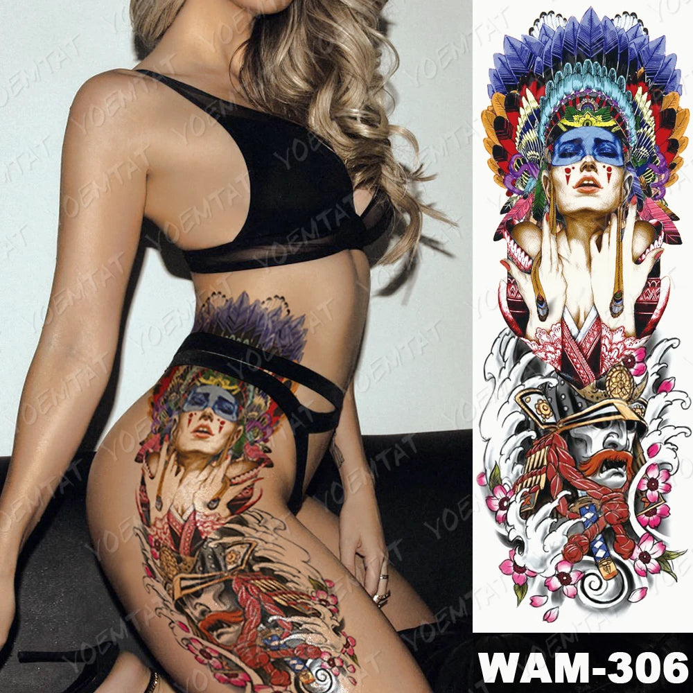 Large Arm Sleeve Tattoo Gun Rose Lion Waterproof Temporary Tattoo Sticker Clock Flower Waist Leg Body Art Full Fake Tatoo Women