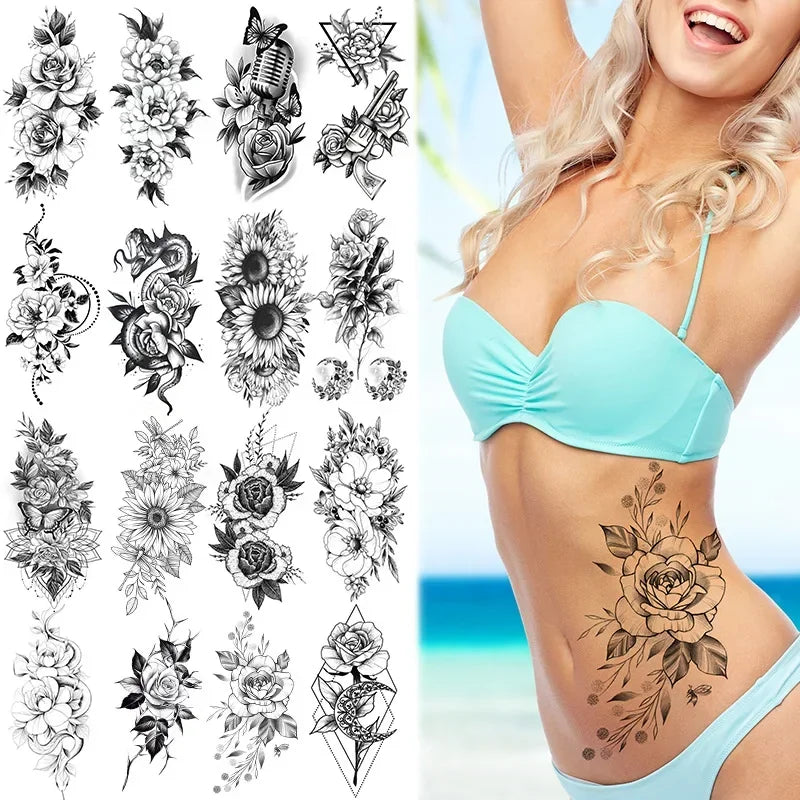 Women Sexy Temporary Tattoo Stickers Black Roses Pattern Full Flower Design Used for Arm Body Art Big Large Fake Tattoo Stickers