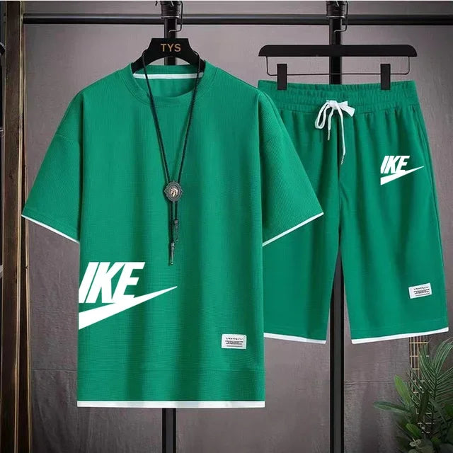 Summer fashion short-sleeved T-shirt + sports shorts set, men's casual jogging and fitness sportswear breathable two-piece set
