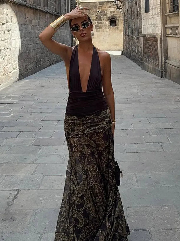 Fashion Print Long Skirt Women High Waist Ankle-length Loose Swing Skirt 2025 Summer Fashion Female Vacation Streewear Outerwear