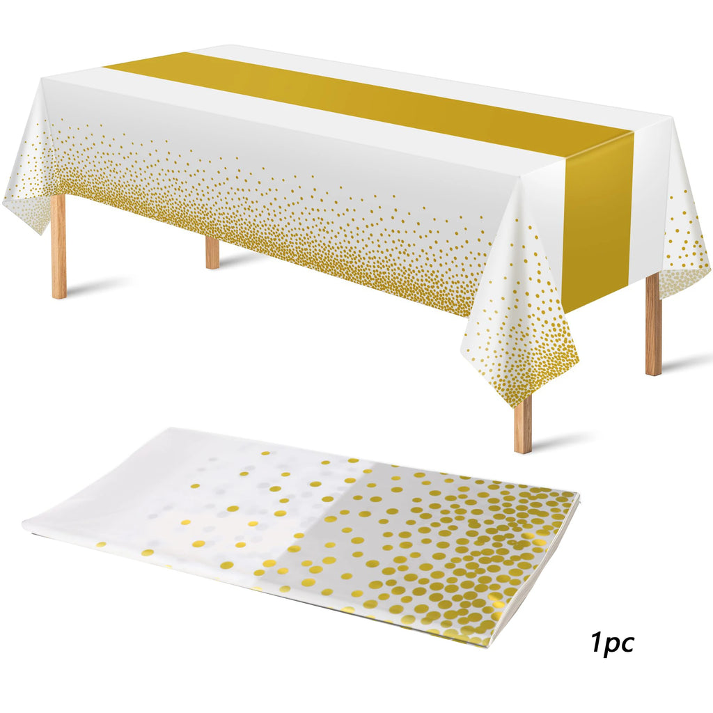 White Plastic Disposable Tablecloth Rectangle Party Table Cover Gold Dot Waterproof Table Cloth for Wedding Birthday Party Decor