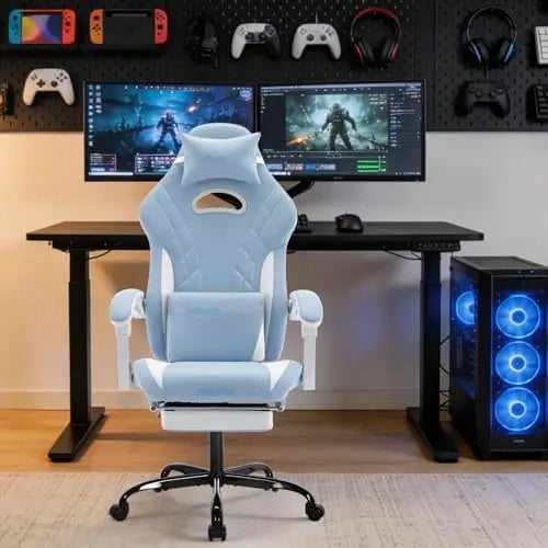 Gaming Chair with Footrest and Massage Lumbar Support, Ergonomic Computer Gamer Chair, Office Video Game Chairs (Cyan