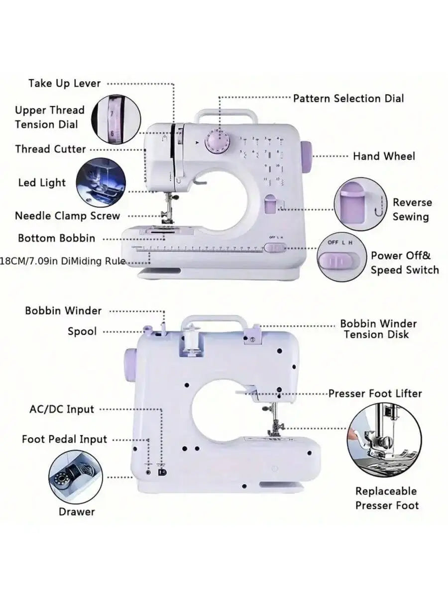 505A Sewing Machine 12 Stitch Patterns 2-Speed Control Built-in LED Light with Foot Pedal for Home DIY Beginners Crafts