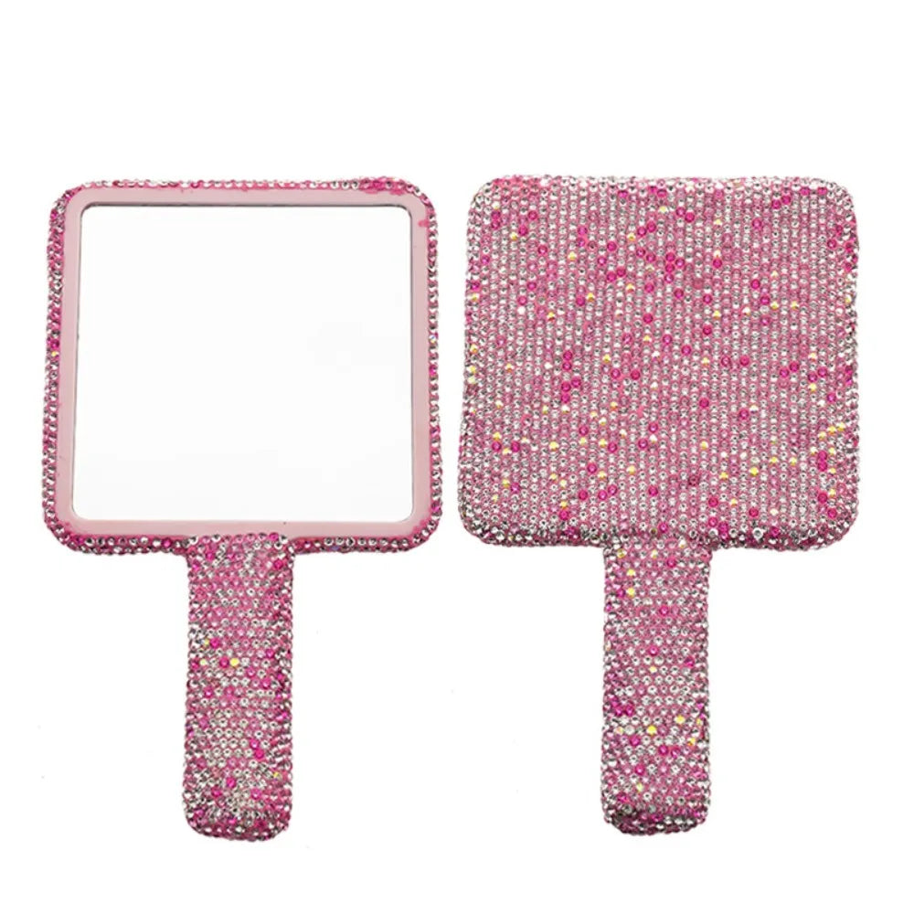 Cute Rhinestone Makeup Mirror Round Square Heart Shape Shiny Bling Cosmetic Hand Mirror Portable with Handle Handheld Mirror