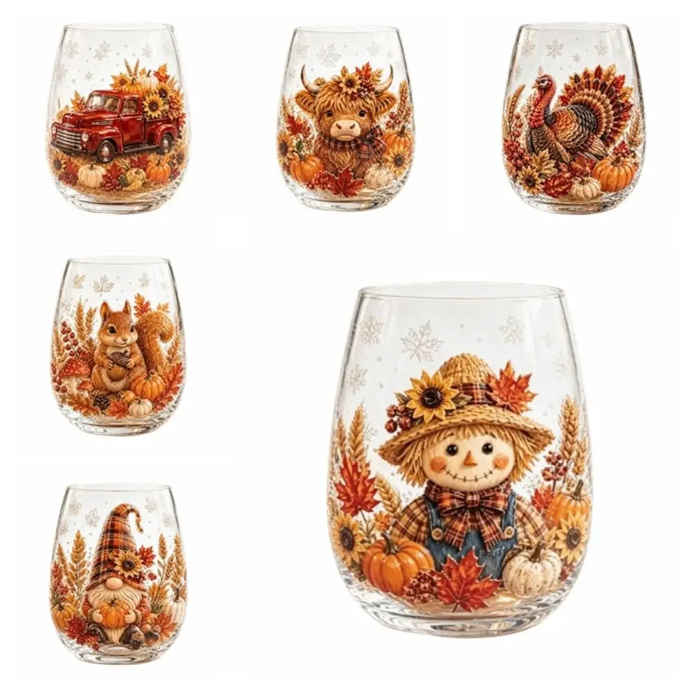 Novelty 2D Print Christmas Wine Glass Elf Snowflake Christmas Art Cup Animal Autumn Leaf Clear Stemless Glass Home Decor